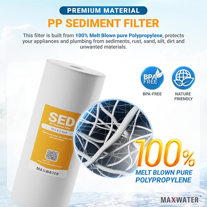 Max Water 5 Micron 10 x 4.5 inch Whole house Sediment Water Filter - Well Water Sediment Filter Replacement Cartridge for DGD-5005, AP810, WFHD13001B (4 Pack)