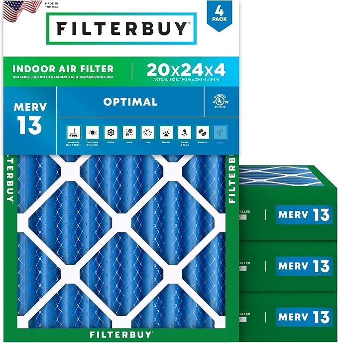 Filterbuy 20x24x4 Air Filter MERV 13 Optimal Smoke & Allergy Defense, by Filterbuy