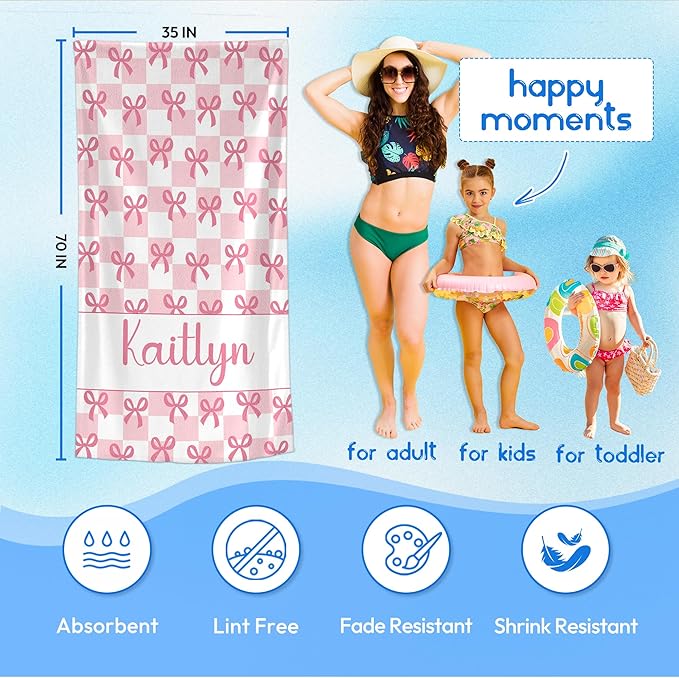 JML Personalized Beach Towel with Name, Custom Beach Towel with Text, Customized Bow Microfiber Pool Towel, Quick Dry & Absorbent Swim Towel for Adult,Anniversary, Birthday, Summer Holiday,Vacation-FlexoryFit