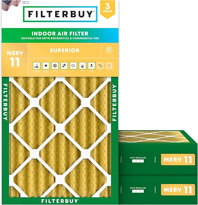 Filterbuy 14x25x4 Air Filter MERV 11 (MPR 1200) Allergen Defense Replacement (3-Pack), Electrostatic Pleated HVAC AC Furnace Filters, Made in USA (Actual Size: 13.88 x 24.88 x 3.63)