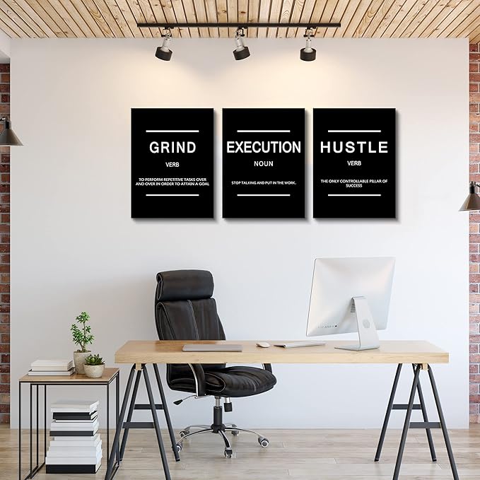 Framed Canvas Wall Art Success Quote, Office Wall Art, Black Large Poster, Positive Motivational Set of 3 Prints, Execute Failure Definition, Inspirational Print (B-3pcs,12x16inchx3pcs)-FlexoryFit