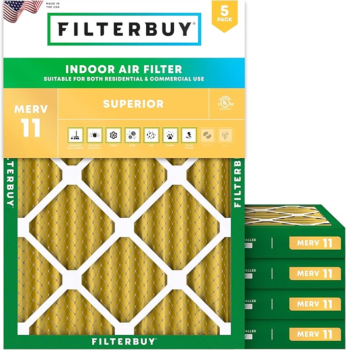 Filterbuy 20x24x2 Air Filter MERV 11 (MPR 1200) Allergen Defense Replacement (5-Pack), Electrostatic Pleated HVAC AC Furnace Filters, Made in USA (Actual Size: 19.38 x 23.38 x 1.75)