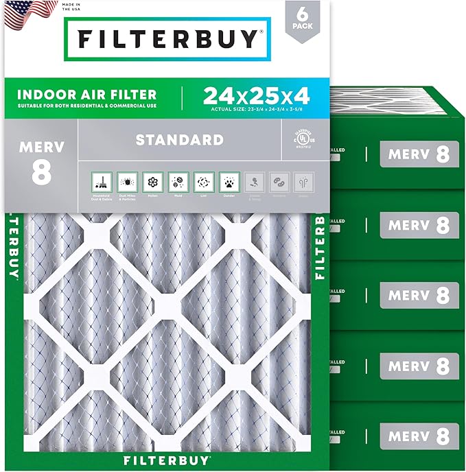 Filterbuy 24x25x4 Air Filter MERV 8 (MPR 700) Dust Defense Replacement (6-Pack), Electrostatic Pleated HVAC AC Furnace Filters, Made in USA (Actual Size: 23.75 x 24.75 x 3.63)