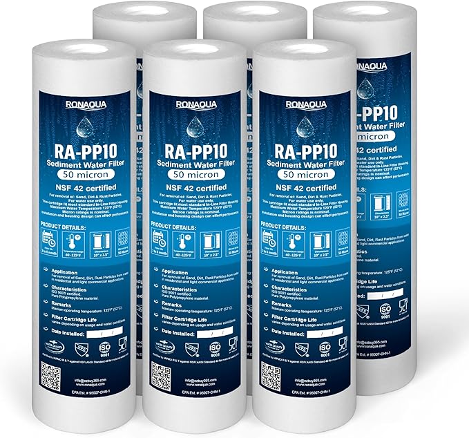 Ronaqua 50 Micron Sediment Water Filter Cartridge 10"x2.5", NSF Certified, 4-Layer Filtration for any 10-inch RO Units & Whole House Systems, Compatible with Culligan P5, AP110, WHKF-GD05, 6 Pack