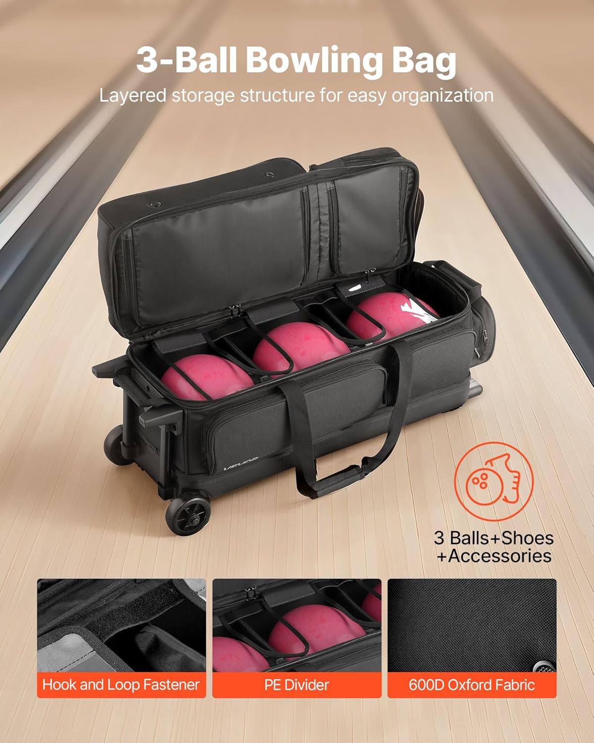 VEVOR Bowling Ball Bag, 3 Ball Double Roller Bowling Bag with Wheels, Featuring a Separate Compartment for Shoes (Up To US Size 16) & Oversized Accessory Pocket, Retractable Handle Extends to 41.34 in