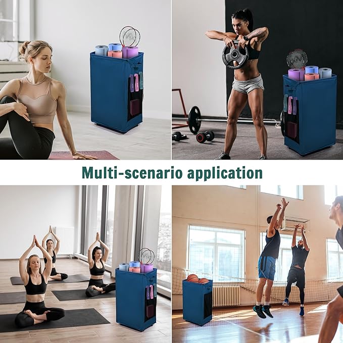 Yoga Mat Storage Racks, Home Gym Storage Rack with Wheels, Yoga Mat Holder Side 2 Mesh Pockets, Yoga Storage Basket Holds 4 Yoga Mats, 2 Foam Rollers, 6 Resistance Bands-FlexoryFit