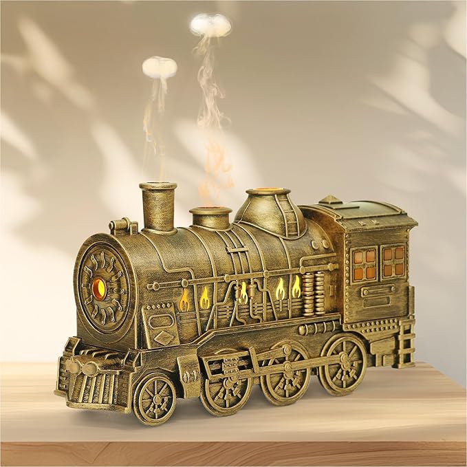 Essential Oil Diffuser Train Diffuser 300ml, Train Humidifier, Aromatherapy Diffuser Cool Mist Aromatherapy with 2 Light 2 Mist Mode Auto Shut-Off, Remote Included for Office Baby Home (Copper)