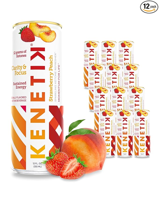 KENETIK Nootropic Ketone Drink, Ketones for Energy & Focus, Caffeine & Sugar Free, High Performance D-BHB Ketone Mix, Fuel w/Zero Crash or Jitters, Ready to Drink - Strawberry Peach 12 Pk-FlexoryFit
