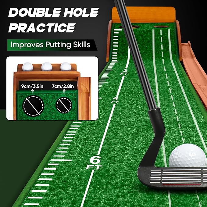 Putting Green Indoor and Outdoor, Golf Putting Mat with Auto Ball Return, Wrinkle-Free & Simulates Real Golf Putting Green - Putting Practice Mat for Office Home, Golf Gifts for Men, Dual-Hole