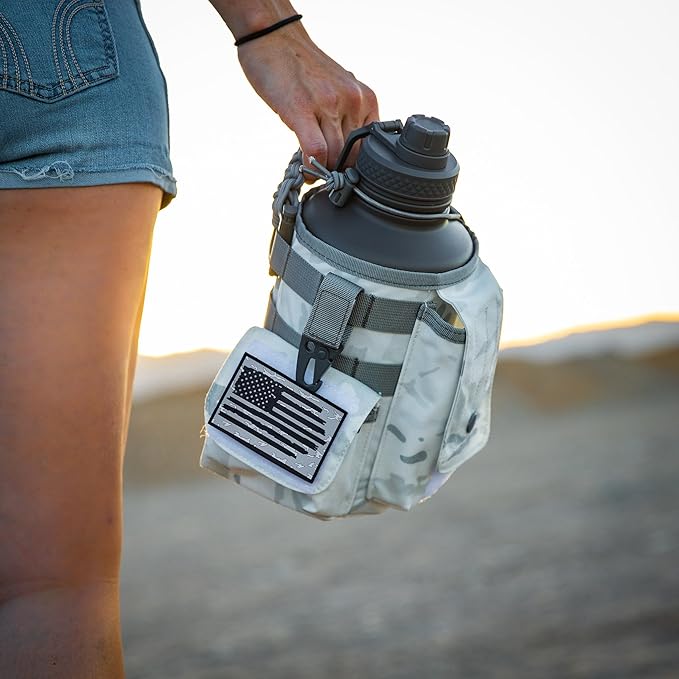 Iron Infidel Battle Bottle - Half Gallon Insulated Water Bottle with Paracord Handle, 64 oz Stainless Steel 2L Water Jug with Rugged, Removable Sleeve for Keys, Wallet, & Phone (Arctic Camo 2 Liter)-FlexoryFit