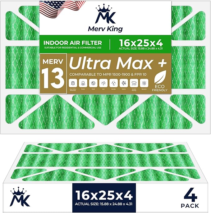 MervKing 16x25x4 Air Filter Actual Size: 15.88" x 24.88" x 4.31" MERV 13 MPR 1500-1900 | MADE IN USA | 4-Pack | Pleated HVAC AC Furnace Replacement