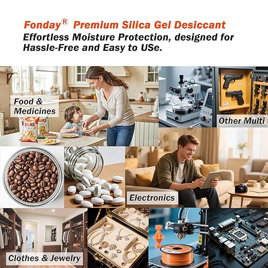 20Gram 50Packets Fonday Rechargeable Silica Gel Desiccant Packets Food Grade Fast Reactivate Desiccant Bags Moisture Indicating Orange to Green