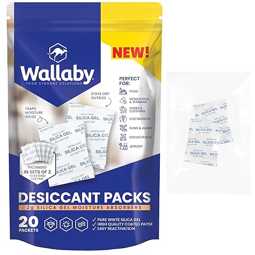 Wallaby 2 gram (20 Packets) Food Safe Pure White Silica Gel Desiccant Dehumidifier Packs - Rechargeable & Coated Moisture Absorbers - Protects Against Moisture Damage - (Packed in 10x Sets of 2)