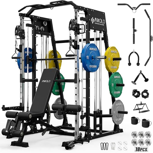 Mikolo Smith Machine, 2200lbs Squat Rack with LAT-Pull Down System & Cable Crossover Machine, Training Equipment with Leg Hold-Down Attachment-FlexoryFit