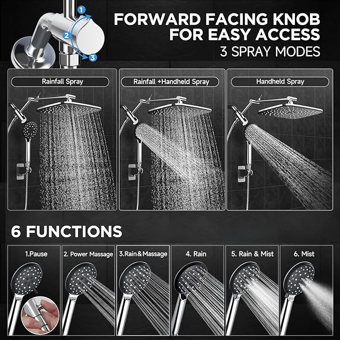 Veken 11.8'' Rain Shower Head with Handheld Spray Combo, Extension Arm for Rainfall Showerhead, Muti-modes Massage High Pressure Hand Held Shower Heads with Hose, Anti-Clog Nozzles & Bathroom(Chrome)