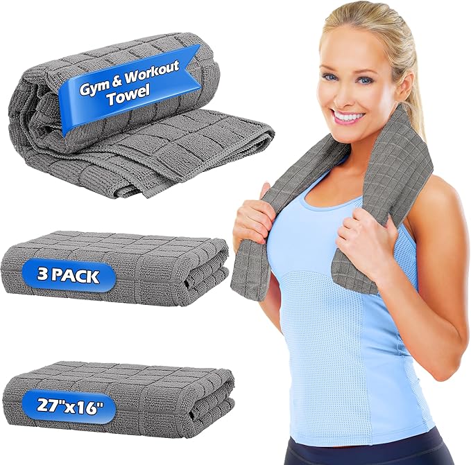 HOMERHYME Microfiber Gym Towels, 3 Pack Sweat Towels, 16 x 27 Inch Quick Dry Hand Towels, Absorbent Yoga Towels for Home Gym Bag, Beach Travel Sport Towel, Workout Equipment for Men & Women-FlexoryFit