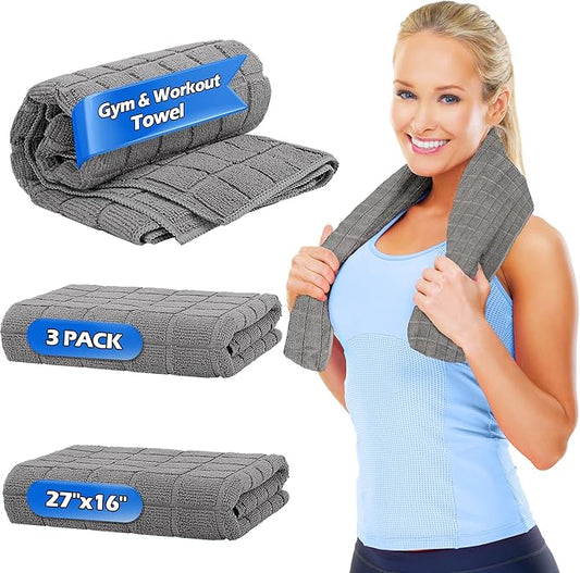 HOMERHYME Microfiber Gym Towels, 3 Pack Sweat Towels, 16 x 27 Inch Quick Dry Hand Towels, Absorbent Yoga Towels for Home Gym Bag, Beach Travel Sport Towel, Workout Equipment for Men & Women-FlexoryFit