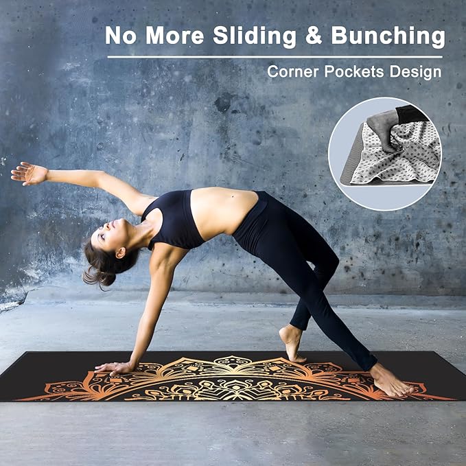 QiyI Yoga Mat Towel with Corner Pockets, Non Slip Sweat Absorbent Hot Yoga Towels, Soft Yoga Blankets with Travel Bag, Skidless Mat Cover for Workout, Gym, Fitness - 70"x26", Luxury Golden Mandala-FlexoryFit