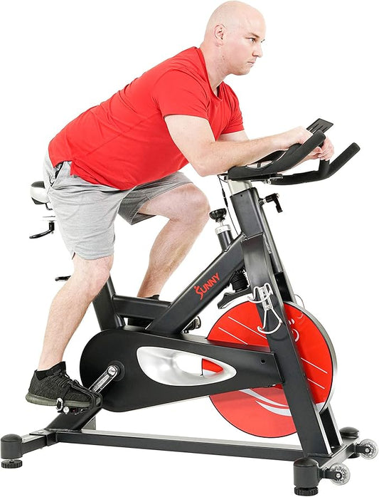Sunny Health & Fitness Indoor Cycling Exercise Bike w/Pulse Sensors & 4-Way Adjustable Seat, Stationary Home Cardio Training Machine w/Micro-Adjustable Magnetic Resistance for Intensive Cardio Session