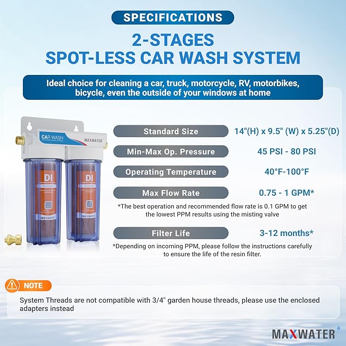 Max Water 2 Stage Deionized Spot Free Car Rinse Unit, Premium Water Deionizer for Spotless Washing - Car RV and Motorcycle Wash System - 2 DI Filters with 45-80 PSI and 3/4" Inlet/Outlet