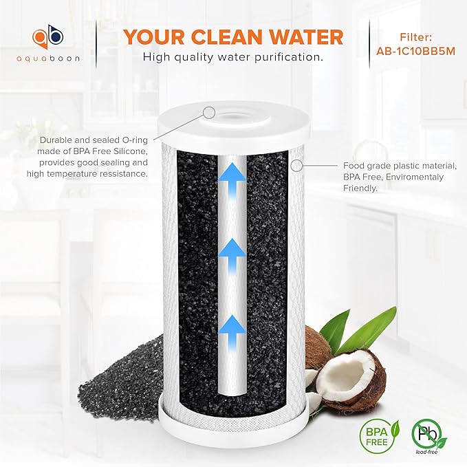 Aquaboon 5 Micron 10x4.5 Carbon Block Water Filters Whole House CTO Water Filter Replacement Cartridge Compatible with FXHTC, CB-BB-10, EP-BB, 12-Pack