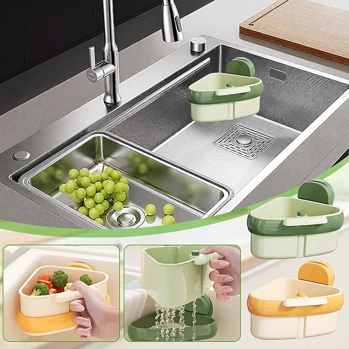 Suction Cup Sink Corner Rack,Sink Strainer Basket,Plastic Sink Storage Rack Holder,Triangle Sink Filter Basket,Corner Sink Trash Catcher for Food Waste (Green)