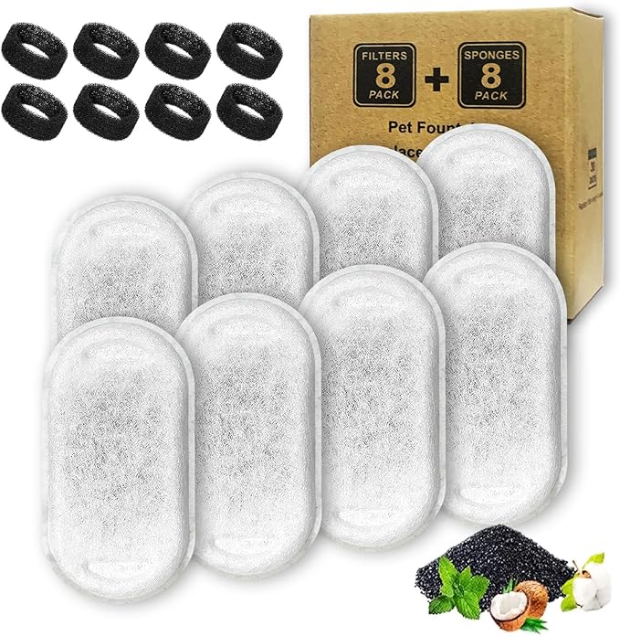 Cat Water Fountain Filters, 8 Filters+8 Sponge Replacement Filters for 108/3.2L and 67oz/2LStainless Steel Pet Water Dispenser for Dog (8 sets)