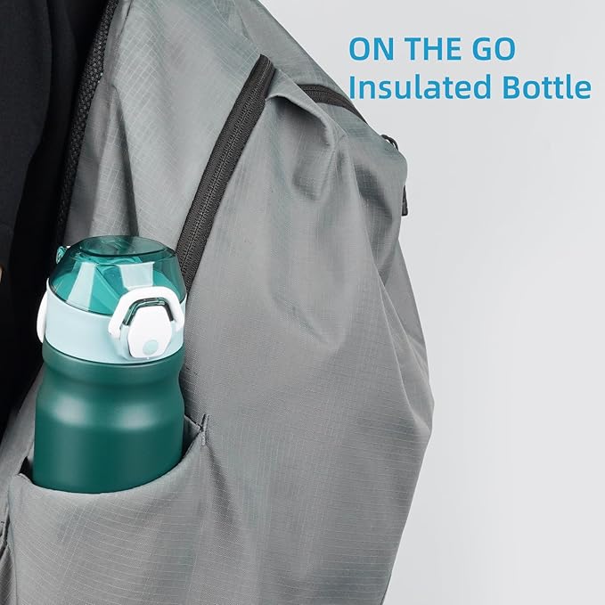 Insulated Water Bottle with Straw and Carry Loop,18 oz Stainless Steel Double Wall Vaccum Metal Water Flask with Leak-proof Lid,Dark Green-FlexoryFit