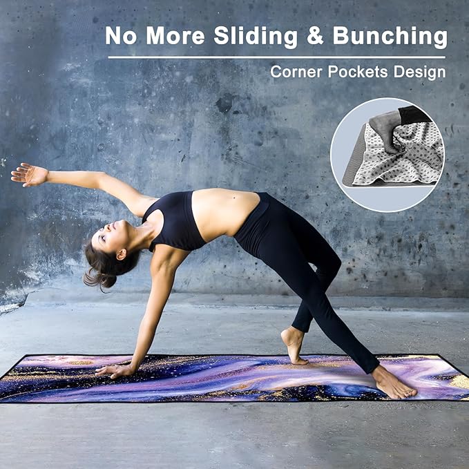 QIYI Large Yoga Mat Towel with Corner Pockets, Non Slip Sweat Absorbent Hot Yoga Towels, Soft Yoga Blankets with Travel Bag, Skidless Mat Cover for Workout, Gym, Fitness - 74"x26", Purple & Pink Grain-FlexoryFit