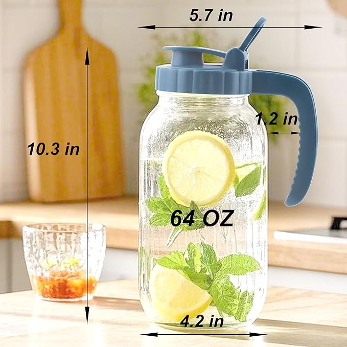 Mason Jar Pitcher 2 Quart With Pour Spout Lids 2 Pack 64 Oz Wide Mouth Water Pitcher Airtight And Leakproof Glass Carafe With Handle And Flip Cap For Milk, Iced Tea, Cold Brew Coffee, Juice
