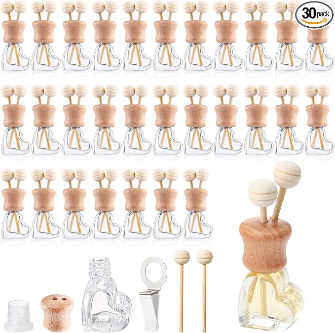 Zubebe 30 Pack Car Air Freshener Diffuser with Vent Clip Empty Car Diffuser Bottles for Essential Oil Perfume Glass Bottle with Wooden Caps Stick(Heart)