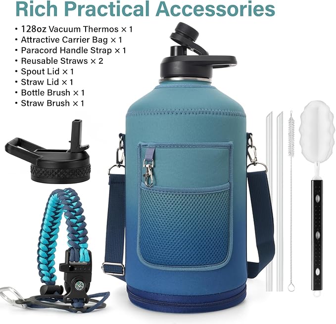 1 Gallon Water Bottle Insulated | Thickened Stainless Steel Vacuum Metal Water Jug | Portable Sports Large for Gym and Hiking with Straw, Carrier Bag, Handle Strap | BPA-Free 128 oz-FlexoryFit