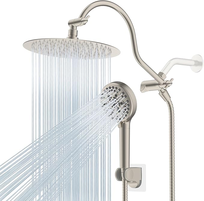 Hibbent All Metal Shower Head, 10'' High Pressure Rainfall Shower Head/Handheld Showerhead Combo/ 12'' Adjustable Curved Shower Extension Arm, 10-Spray, 71'' Adhesive Showerhead Holder, Brushed Nickel