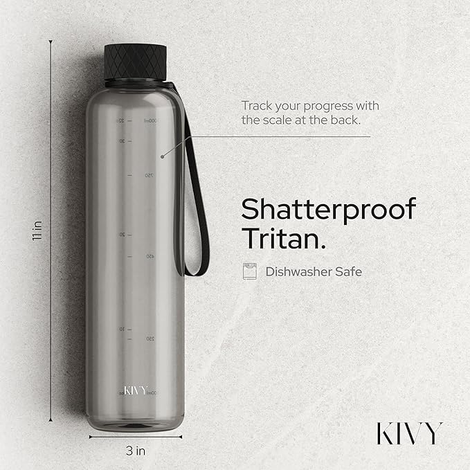 KIVY Slim Water Bottle 32oz [Lightweight & Shatterproof] Fits Backpack & Cupholder for Travel, Sports, School, Gym - Clear water bottle with measurements - Transparent Tritan Black - Dishwasher Safe-FlexoryFit