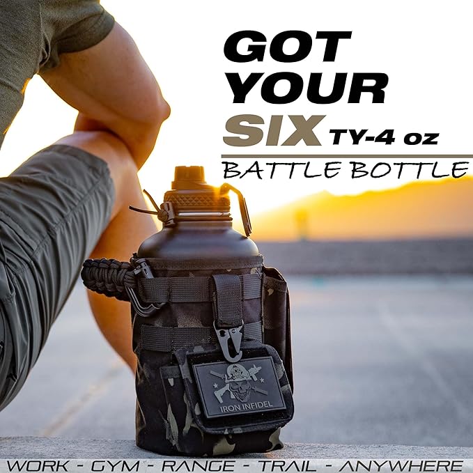 Iron Infidel Battle Bottle - Half Gallon Insulated Water Bottle with Paracord Handle - Large 64 oz Stainless Steel Water Jug & Rugged, Removable Sleeve For Keys, Wallet, Phone (Black Camo 2 Liter)-FlexoryFit