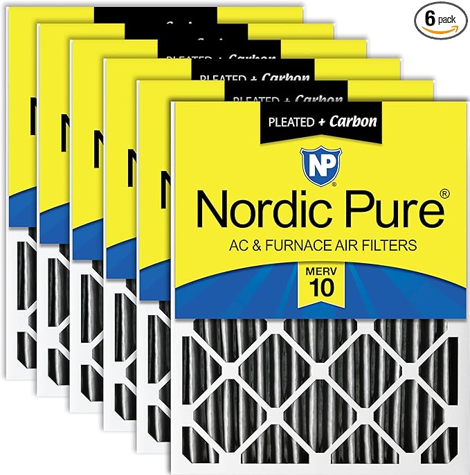 Nordic Pure 16x25x4 (15_1/2 x 24_1/2 x 3_5/8) Furnace Air Filters MERV 10 Pleated + Carbon 6 Pack