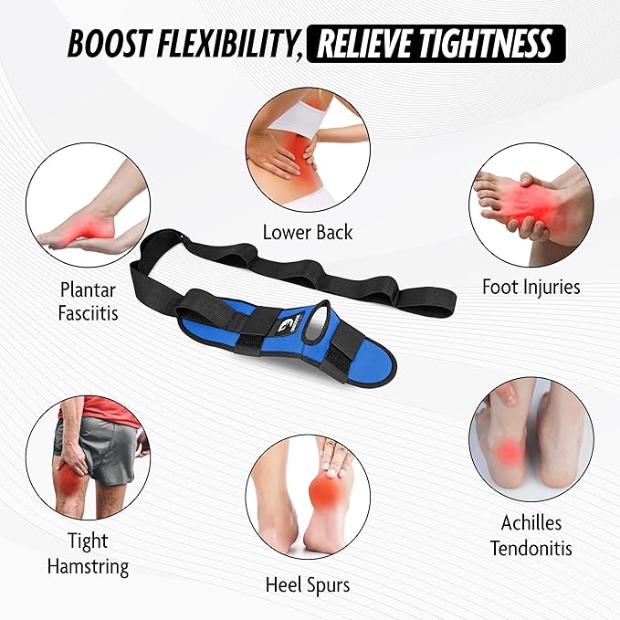 DMoose Fitness Foot & Calf Stretcher with Adjustable Padded Stretching Strap for Plantar Fasciitis, Hamstring, Heel Spurs and Achilles Tendonitis Relief - Yoga Leg Stretch Strap for Flexibility-FlexoryFit