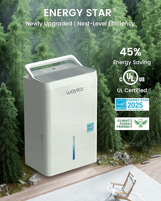 Waykar 120 Pint 2025 Energy Star Dehumidifier for Home, Basement, Large Rooms up to 6,000 Sq. Ft. - Auto Defrost, Ultra Quiet(40 dB), Auto Comfort Mode, with Drain Hose & Water Tank