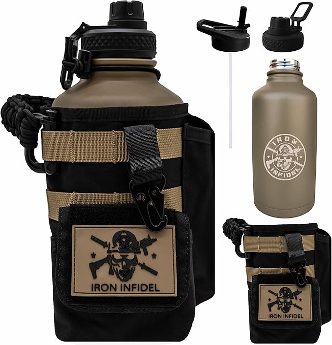Iron Infidel Battle Bottle - Half Gallon Insulated Water Bottle with Paracord Handle, Large 64 oz Stainless Steel Water Jug with Rugged, Removable Sleeve for Keys, Wallet & Phone (Brown Recluse 2L)-FlexoryFit