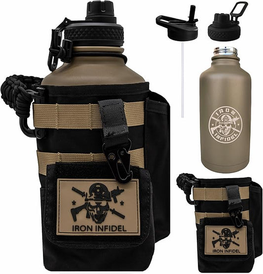 Iron Infidel Battle Bottle - Half Gallon Insulated Water Bottle with Paracord Handle, Large 64 oz Stainless Steel Water Jug with Rugged, Removable Sleeve for Keys, Wallet & Phone (Brown Recluse 2L)-FlexoryFit