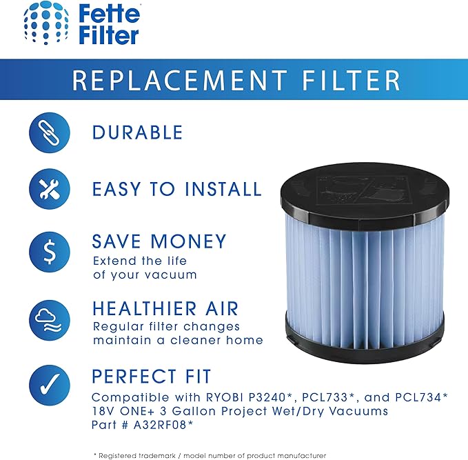 Fette Filter - Fette Filter - A32RF08 Fine Dust Replacement Filter Compatible With RYOBI 18V ONE+ P3240, PCL733, and PCL734 Compare to Part # A32RF08. Pack of 4