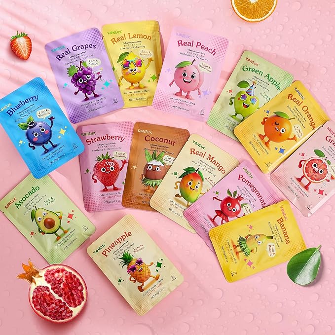 14 Pack Fruit Face Masks Skincare for Kids, Sheet Hydrating Facial Mask for All Skin Types, Bulk Collagen Face Mask for Women Skin Care, Birthday Party Spa Gifts for Teens Girls-FlexoryFit