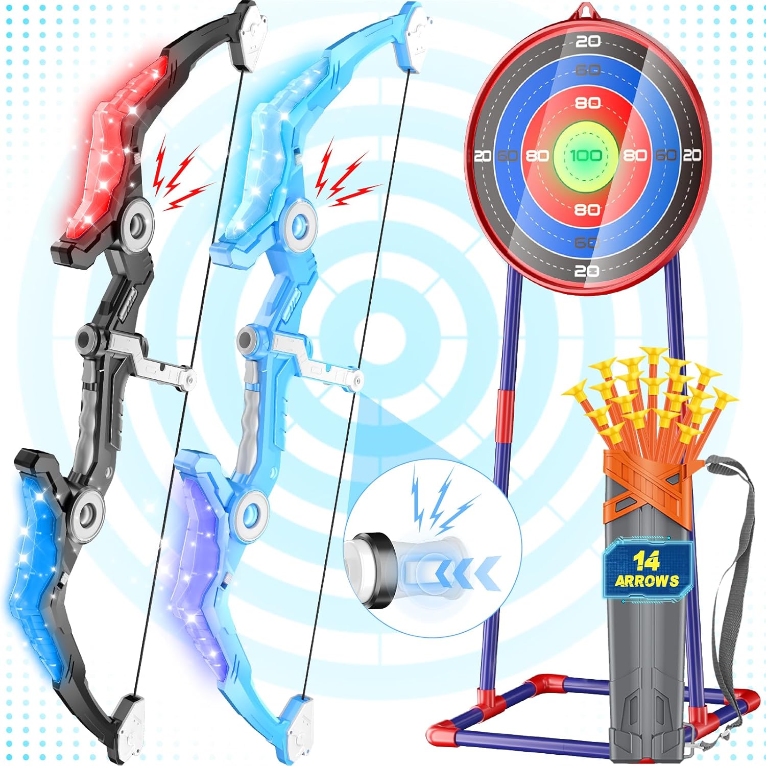 2 Pack Upgraded Kids Bow and Arrow Sets with Sound Effects&Color-Changing LED Flash Lights, Achery set for 4 5 6 7 8 9 10 11 12 Year Old, Indoor Outdoor Toys for Ages 5-7 8-13 Boys Girls(Blue&black)
