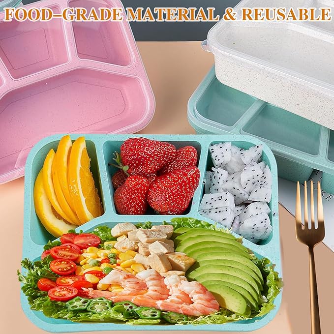 15 PCS Bento Box, 4 Compartment Bento Box Adult Set, Wheat Straw Bento Lunch Box, Reusable Lunch Snack Box, Microwave, Dishwasher and Freezer Safe Meal Prep Containers for Work, School and Travel-FlexoryFit