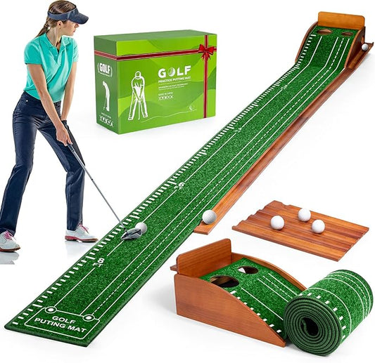 Putting Green Indoor and Outdoor, Golf Putting Mat with Auto Ball Return, Wrinkle-Free & Simulates Real Golf Putting Green - Putting Practice Mat for Office Home, Golf Gifts for Men, Dual-Hole