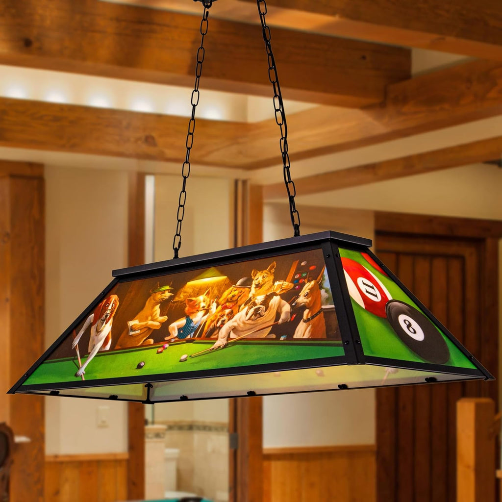 Wellmet Tiffany Pool Table Light, Dogs Playing Billiards Lights for 7' 8' 9' Pool Table, 3 Lights Billiard Fixture Hanging Pendant Lamp for Snooker Table, Cabin, Game Room, Men's Cave, Dining Room