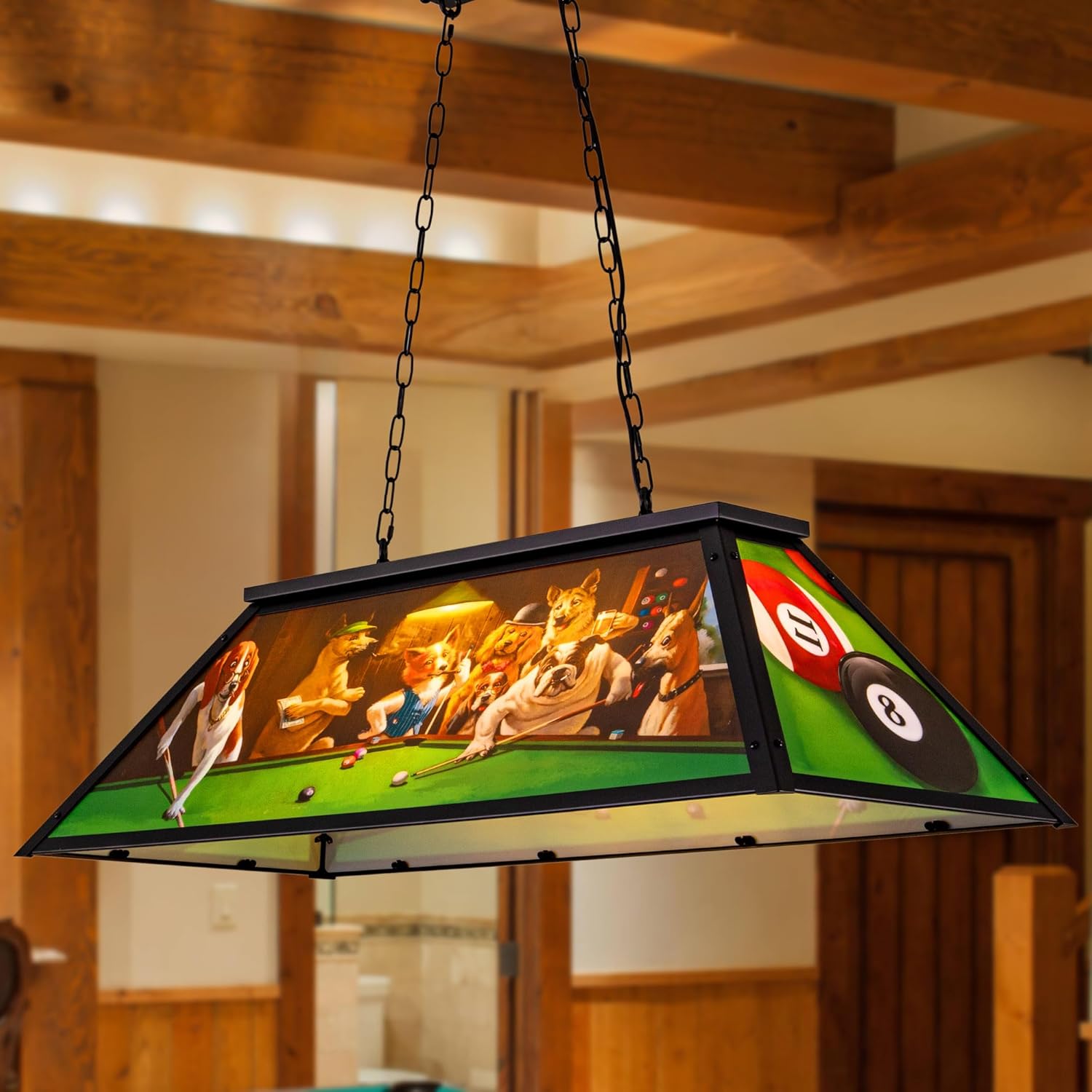 Wellmet Tiffany Pool Table Light, Dogs Playing Billiards Lights for 7' 8' 9' Pool Table, 3 Lights Billiard Fixture Hanging Pendant Lamp for Snooker Table, Cabin, Game Room, Men's Cave, Dining Room