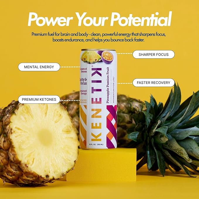 KENETIK Nootropic Ketone Drink, Ketones for Energy & Focus, Caffeine & Sugar Free, High Performance D-BHB Ketone Mix, Fuel w/Zero Crash or Jitters, Ready to Drink - Pineapple Passionfruit 12 Pk-FlexoryFit