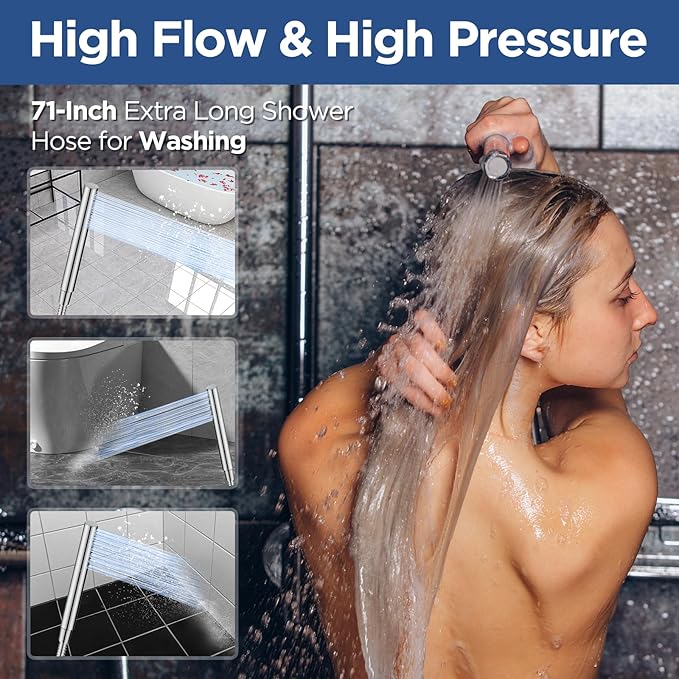 HOPOPRO 10” All Metal Rainfall Shower Head Combo with Handheld Spray, High Pressure Showerhead Combination, Adjustable Dual Showerheads with Extension Arm, Full-Body Coverage Shower Experience, Silver