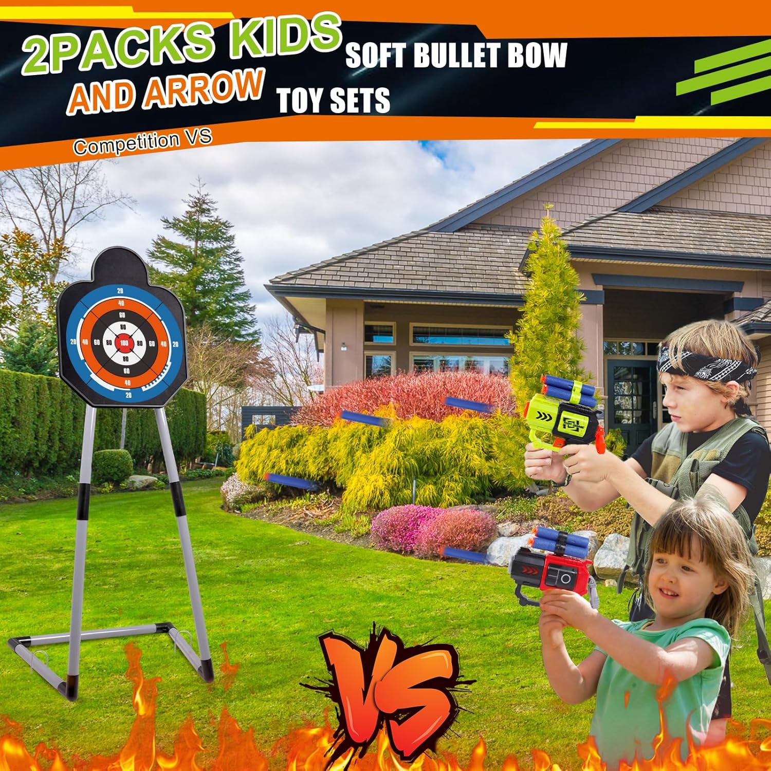 2 Pack Bow and Arrow for Kids Sports and Outdoor Play Toys Archery Set with LED Light Up 16 Arrows 1 Standing Target 2 Quiver Indoor Outdoors Toy for Age 4-12 Year Old Boy Girl Gift